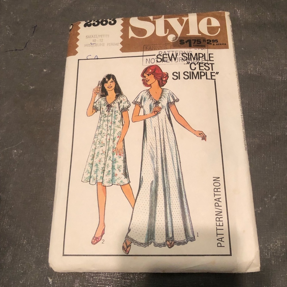 STYLE SEWING PATTERN NO. 2363 LADIES NIGHTY SIZE 10-12